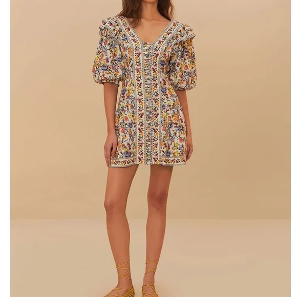 New! FARM RIO ruffled floral-print linen mini dress size M